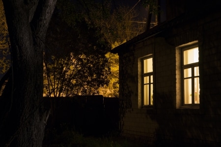 19913351 night view of the rural house with lighted windows